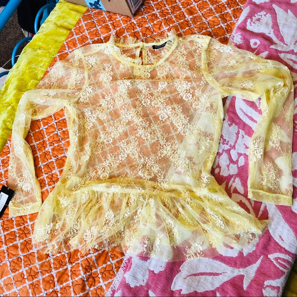 NASTY GAL Yellow Sheer Floral Peplum Top